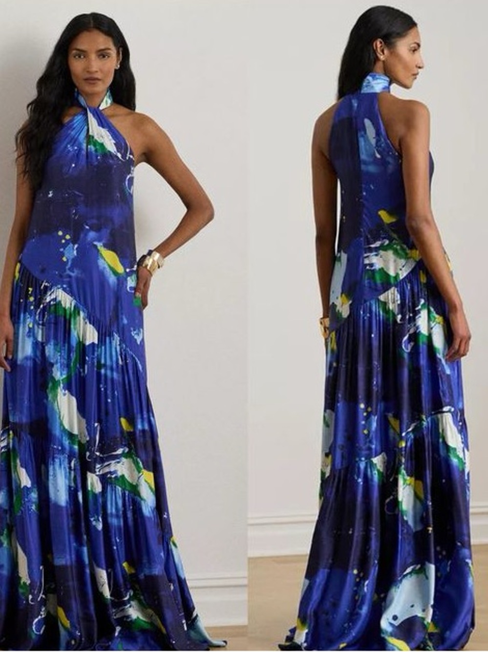 Ralph Lauren Abstract-Print Shantung Halter Gown. Size 16 Women #501